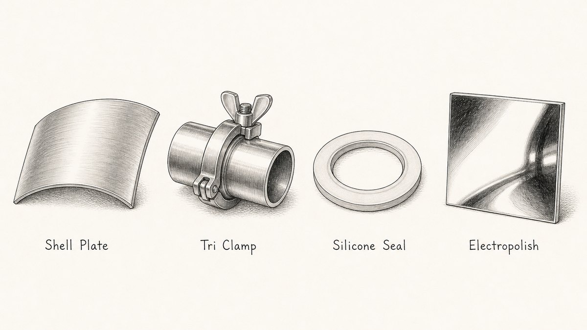 Pen and ink engineering plate showing four materials and joints of construction in one row with a plain label under each reading Shell Plate, Tri Clamp, Silicone Seal, Electropolish