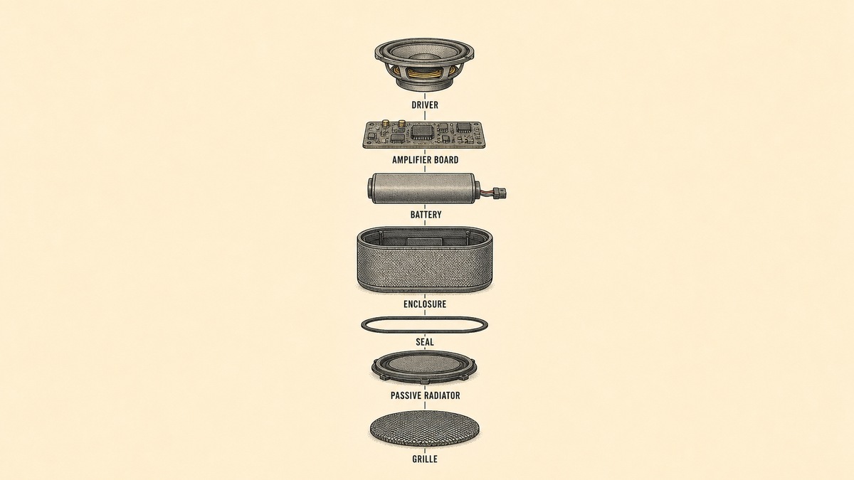 A portable Bluetooth speaker drawn as an exploded technical view with the parts separated along a vertical axis, labelled as the driver, amplifier board, battery, enclosure, seal, passive radiator and grille