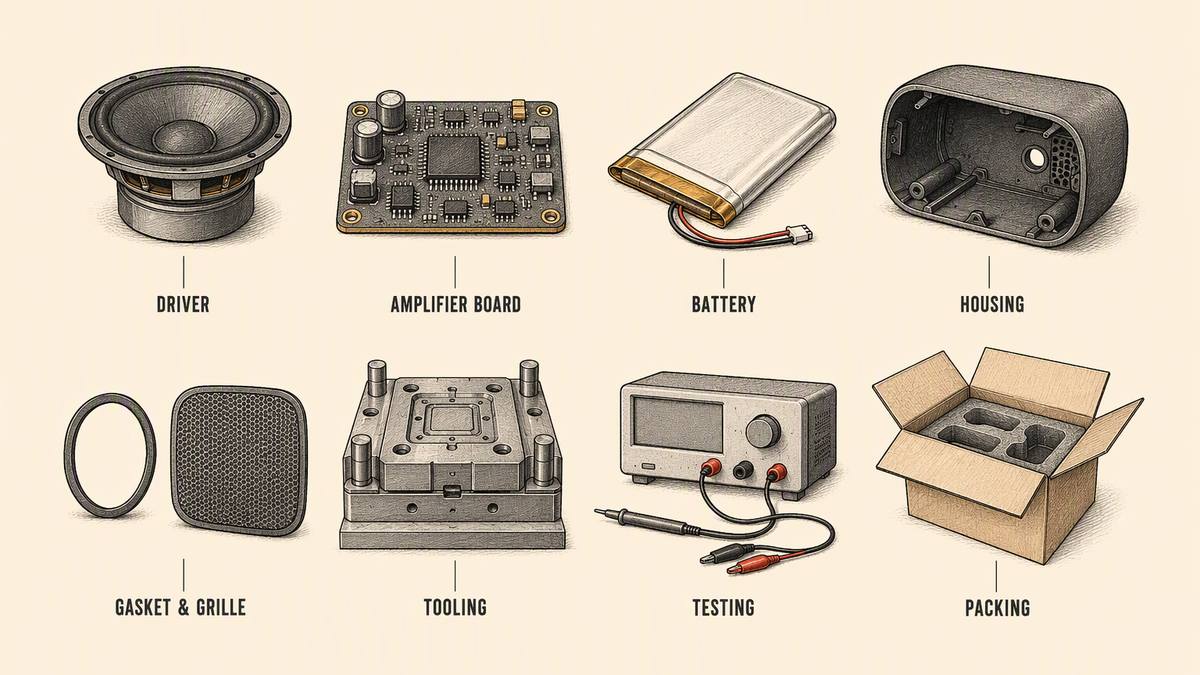 Bluetooth speaker cost lines drawn as two rows of labelled objects: a driver, an amplifier board, a battery, a housing, a gasket and grille, a mould tool, a test bench arrangement and a packed carton