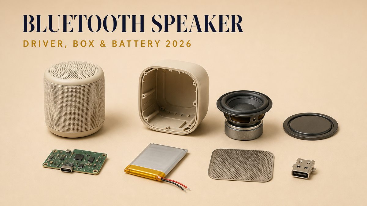 Bluetooth speaker cover: a small finished portable speaker standing upright, a cut-away section of the housing showing the empty internal cavity and the joint where the front panel meets the body, a bare loudspeaker driver resting on its magnet, a flat passive radiator disc, a green circuit board, a flat pouch battery, a metal grille panel and a small charging socket insert, on a pale beige studio surface