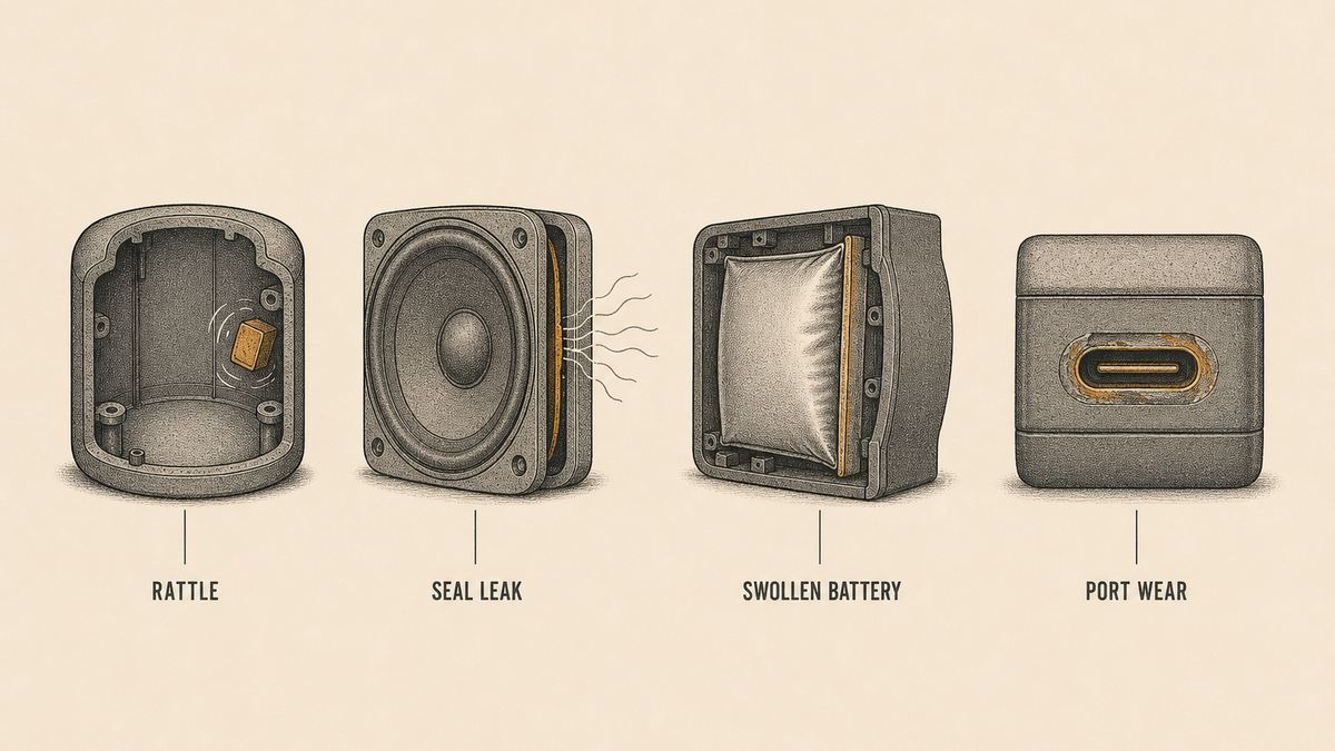 Four failed Bluetooth speaker parts drawn as technical illustrations: a housing with a small loose component visibly rattling against the inside wall, a baffle joint with a visible gap and air escaping as plain drawn wisps, a flat pouch battery bulging and pressing a plastic panel outward, and a charging socket with a worn oval damaged opening