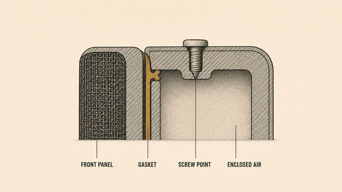 A close-up cut-away section of the joint where a speaker front panel meets the housing, drawn as a technical detail with hatch shading on the cut material, showing a thin gasket sitting between the two parts, a screw fixing point, and the enclosed air space behind the panel
