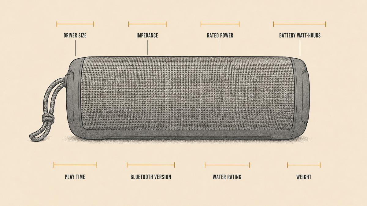 A portable Bluetooth speaker drawn as a clean side-on technical flat with amber dimension marks on it, labelled for driver size, impedance, rated power, battery watt-hours, play time, Bluetooth version, water rating and weight, with no figures shown against any of them