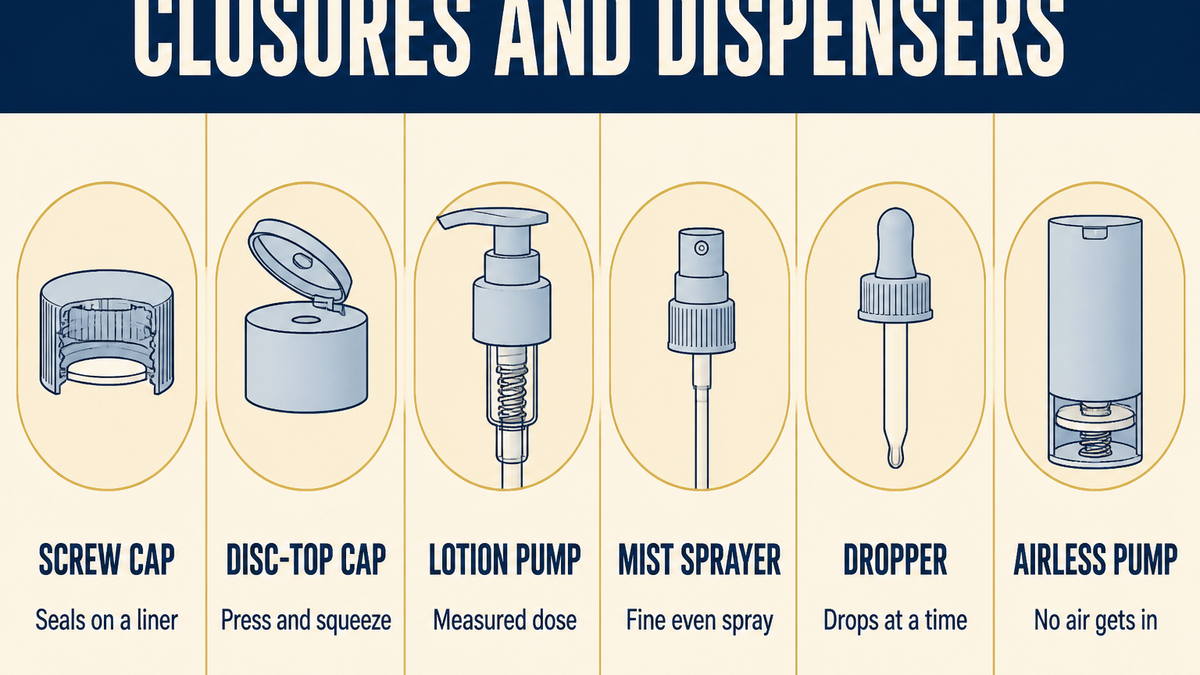 Bottle closures and dispensers compared: screw cap, disc-top, lotion pump, mist sprayer, dropper and airless pump