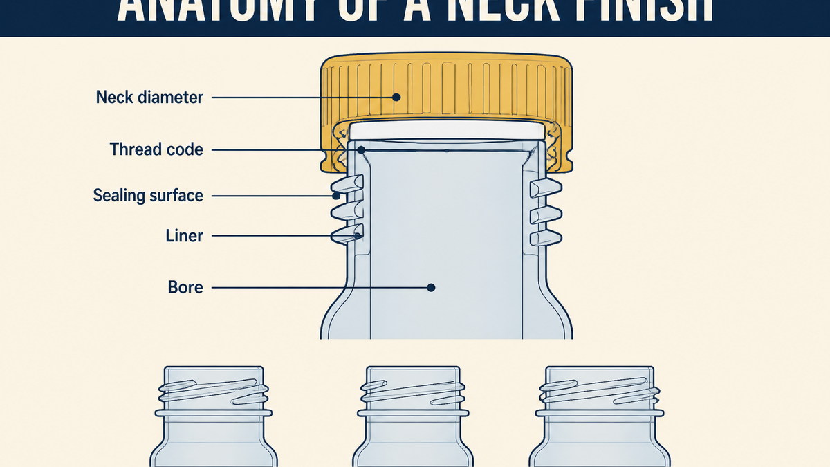 Bottle neck finish anatomy showing diameter, thread code, sealing surface and liner position