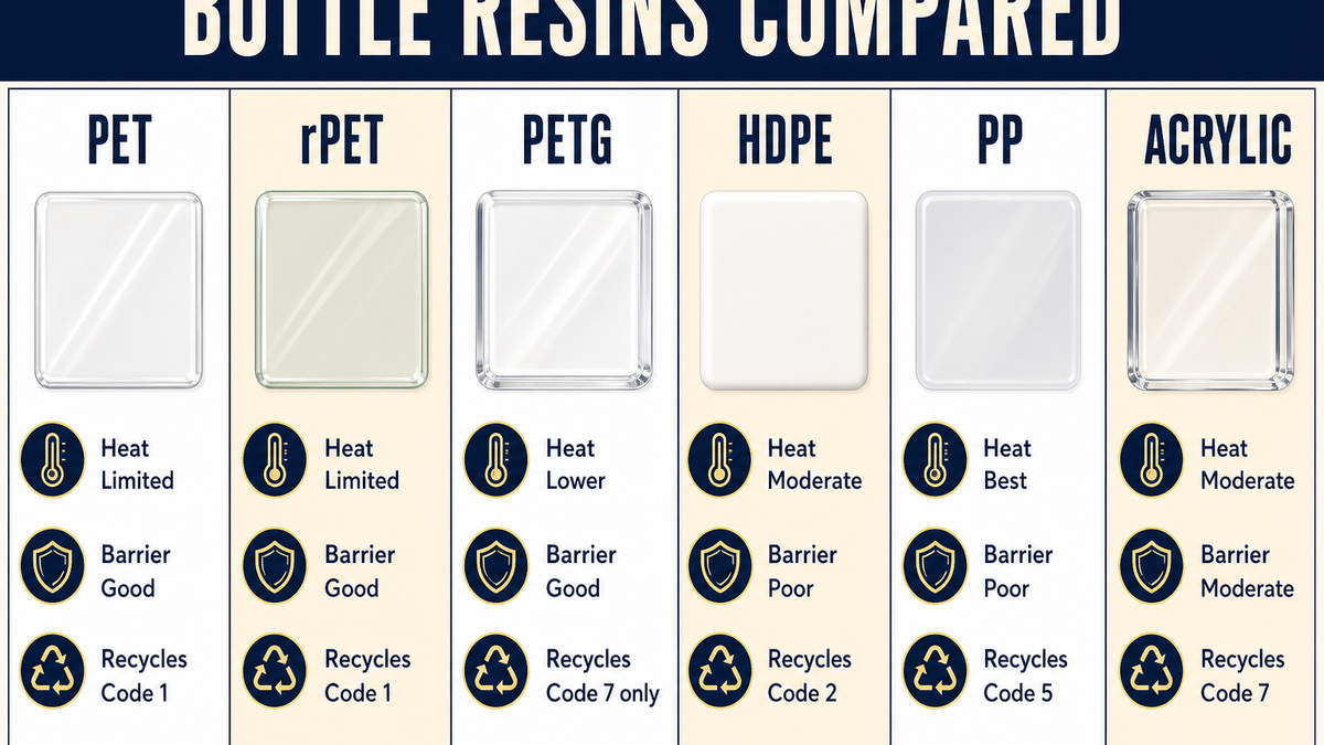 Six bottle resins compared: PET, rPET, PETG, HDPE, PP and acrylic for cosmetic packaging