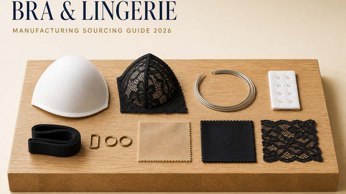 Bra and lingerie components laid out on a board: moulded cup, lace cup panel, underwire, hook-and-eye tape and elastic
