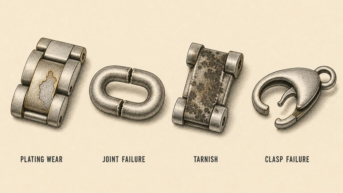 Bracelet failure modes drawn as four objects: a bracelet link whose plating has worn through in a patch revealing a different colour beneath, a chain link whose solder joint has cracked open with a visible gap, a metal bracelet turned dark and blotchy, and a lobster clasp with its spring lever bent out of position and the gate hanging open