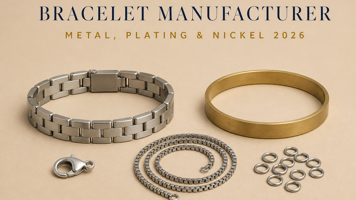 Bracelet manufacturer cover: a plain stainless-steel link bracelet, an unlacquered brass bangle, a length of plain box chain, a bare metal lobster clasp and a scatter of jump rings on a pale beige studio surface