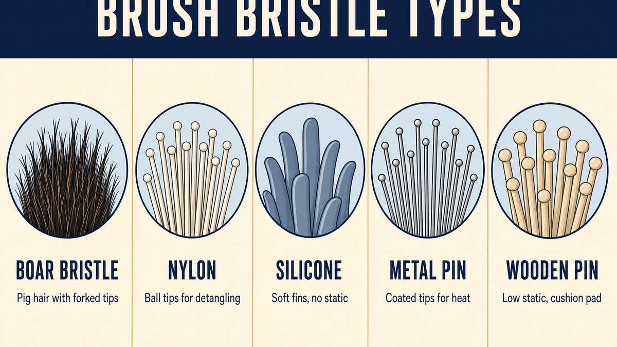Brush bristle types compared: boar bristle pig hair, ball-tipped nylon, silicone fins and metal pins