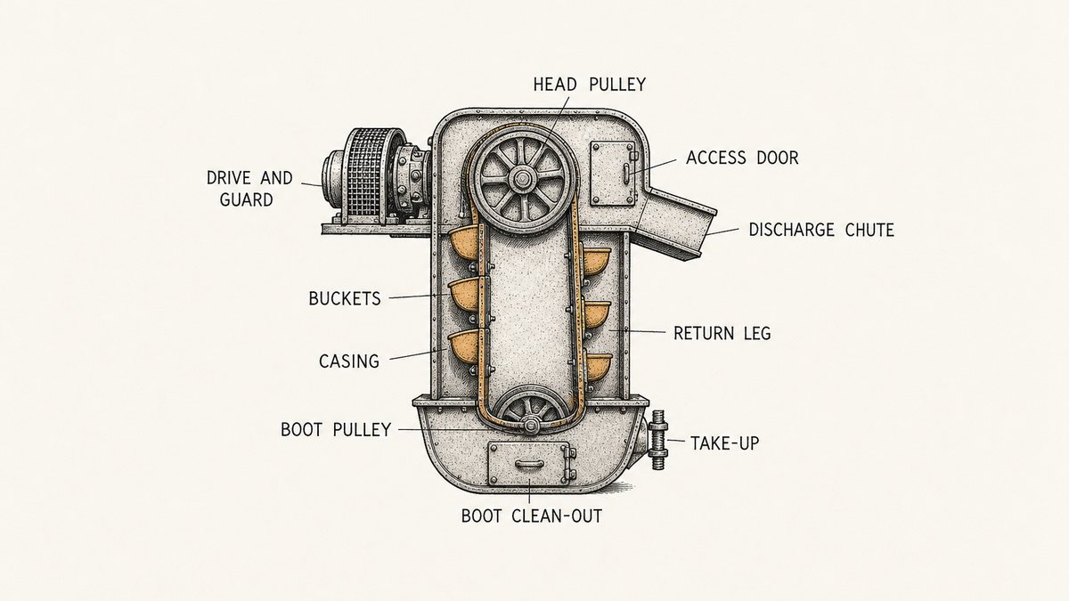 A bucket elevator drawn as a full-height section through the whole machine as a hand-drawn pen-and-ink engineering plate, with labels around the drawing: the head section at the top with a large grooved pulley inside it, a discharge chute leading out to the right and a hinged access door in the casing wall beside the pulley; the up leg down the left side of the casing with small steel buckets bolted at intervals along a flat belt climbing upward; the return leg down the right side with the same belt and empty buckets descending; the boot section at the bottom as a shallow rounded trough with a smaller pulley inside, a clean-out door on its face and a take-up assembly on one side; and a compact gearbox and motor with a guard on the outside of the casing at the head end
