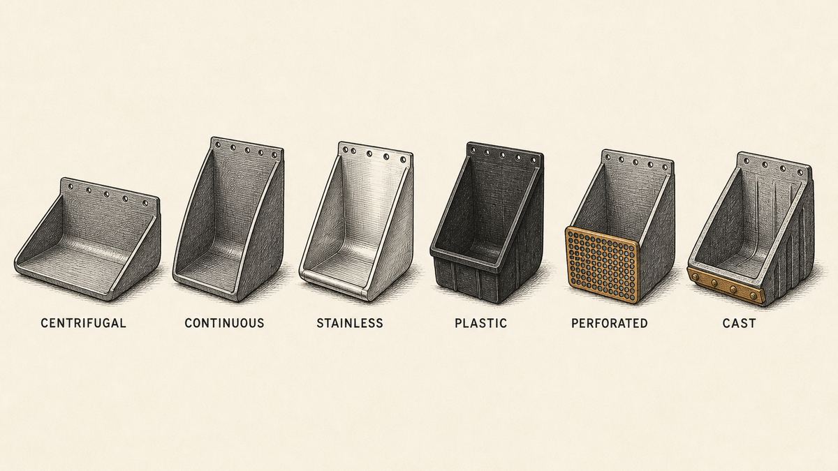 Six elevator buckets drawn in a single row as a hand-drawn pen-and-ink engineering plate, each an isolated object at a three-quarter angle with a label underneath: a shallow wide steel bucket with a low open front lip and a row of small mounting holes along its back plate; a deep narrow steel bucket with high sides and a steep back and the same mounting holes; the same deep bucket in pressed stainless steel with a bright polished surface and a rolled edge; a deep bucket moulded in black plastic with a square section and a reinforced rim; a deep bucket whose front face is a perforated mesh panel instead of solid sheet; and a heavy cast bucket with thick ribbed walls and a bolted-on lip