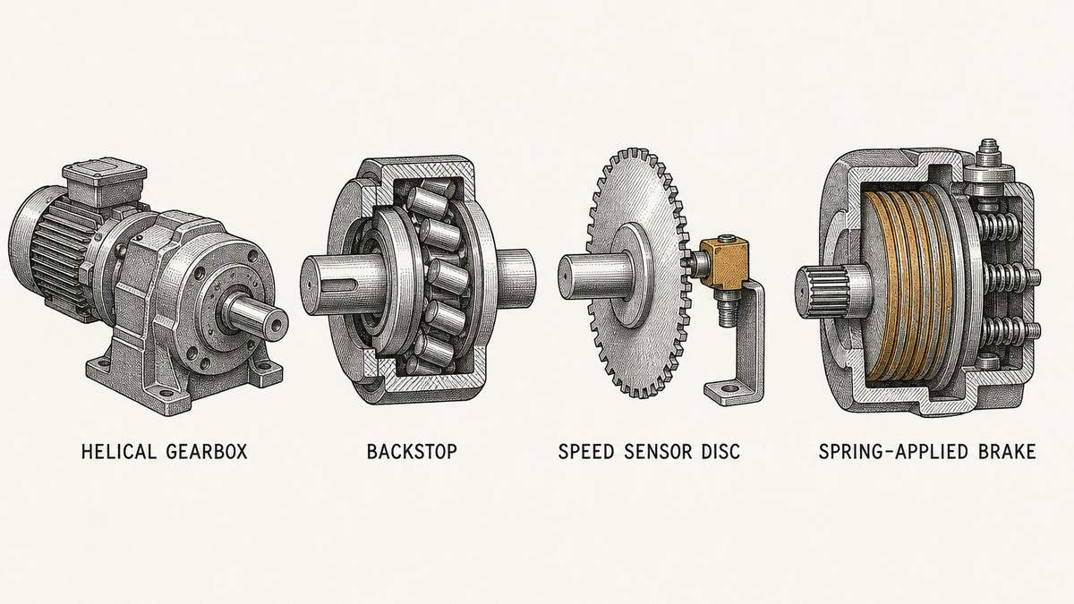 Four items of bucket elevator drive equipment drawn in a single row as a hand-drawn pen-and-ink engineering plate, each an isolated object with a label underneath: a compact helical gearbox with a small motor bolted to its input flange and a keyed output shaft, the motor body with its cooling fins and terminal box visible; a backstop unit in cut section on a shaft, drawn as a cylindrical housing containing a set of tilted cylindrical rollers trapped between an inner race and an outer ring with the rollers and their wedging angle visible; a short length of shaft-mounted speed sensing disc drawn as a thin toothed wheel with a small sensor head held close to its teeth on a bracket; and a spring-applied brake unit in cut section as a stack of friction discs inside a housing with a coil and a set of springs pressing them together