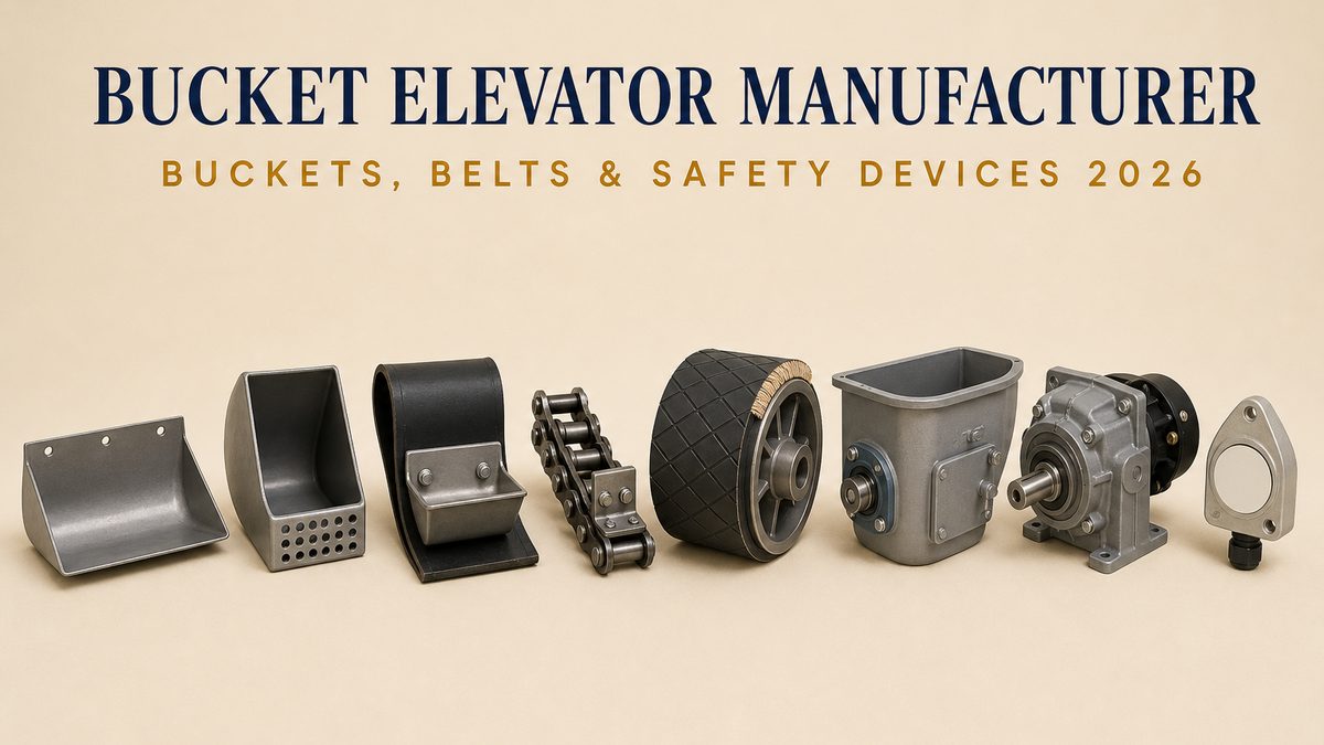 Bucket elevator cover: a shallow steel centrifugal discharge bucket, a deep continuous discharge bucket with a perforated drainage face, a short cut length of rubber belt with a small steel bucket bolted to it, a cut length of roller chain with an attachment link and bucket bracket, a grooved head pulley drum with a layered rubber lagging skin, a cast boot section with a small take-up bearing and a clean-out door, a compact helical gearbox with a backstop housing, and a small teardrop-shaped motion detector with its sensing face and cable gland, arranged in one row on a warm beige studio surface