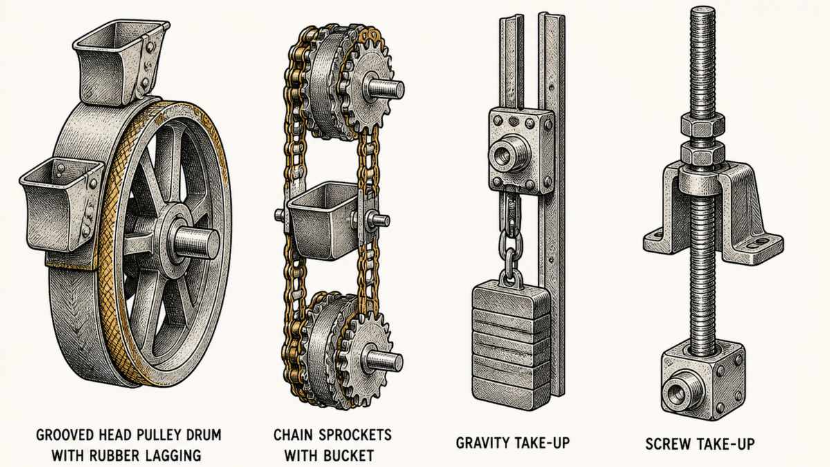Four items of bucket elevator running and tensioning gear drawn in a single row as a hand-drawn pen-and-ink engineering plate, each an isolated object with a label underneath: a grooved head pulley drum in cut section with a layered rubber lagging skin wrapped around its rim and a short length of flat belt carrying two buckets over the top of it; a pair of chain sprockets in cut section with two parallel strands of roller chain running over them and a bucket carried between the strands on a bracket; a gravity take-up assembly drawn as a sliding bearing block on a vertical guide with a heavy counterweight hanging from a short link below it; and a screw take-up assembly drawn as a threaded rod through a fixed lug with two lock nuts and a sliding bearing block at its end