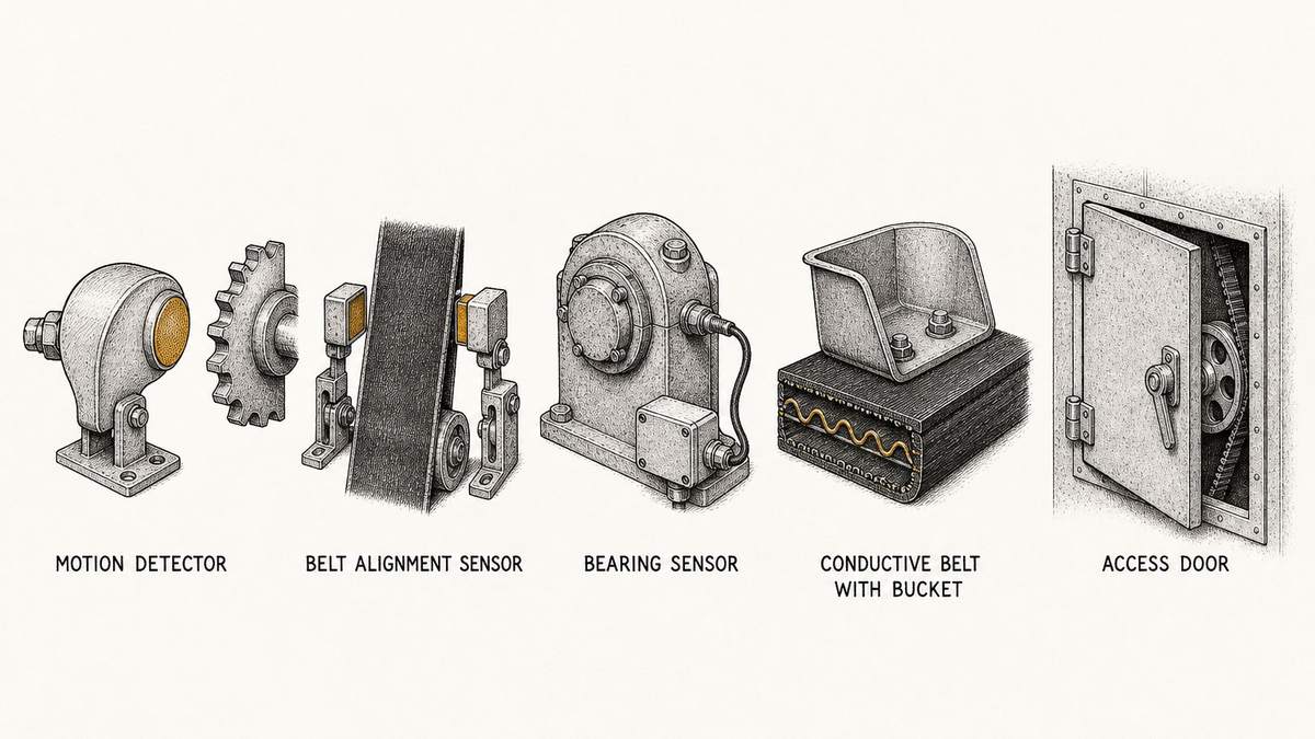 Five bucket elevator safety devices drawn in a single row as a hand-drawn pen-and-ink engineering plate, each an isolated object or detail view with a label underneath: a teardrop-shaped motion detector body on a small bracket beside a short length of shaft with a toothed sensing wheel, its sensing face pointed at the wheel teeth and a cable gland at its back; a belt alignment sensor drawn as a small rectangular sensing head on an adjustable bracket close to the edge of a short length of running belt with a second matching head on the opposite edge; a bearing sensor drawn as a small threaded probe screwed into the wall of a bearing housing with a short cable and a small junction box beside it; a short cut length of rubber belt in cross section with a small wavy pattern of conductive strands embedded through its body and a bucket bolted to it; and a hinged access door drawn as a rectangular steel panel set into a casing wall with two hinges on one side and a single latch handle on the other, shown partly open with the pulley and belt visible behind it