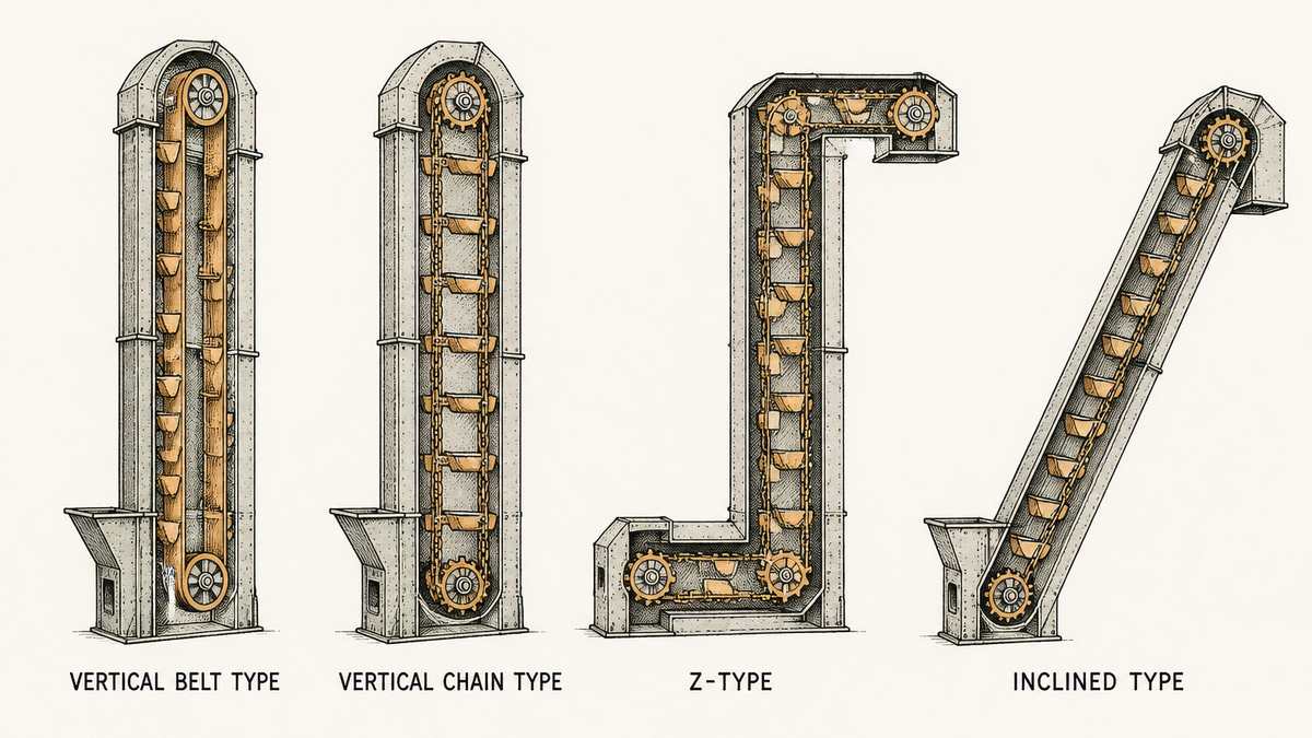 Four bucket elevator arrangements drawn in a single row as a hand-drawn pen-and-ink engineering plate, each a simplified side elevation with the casing cut away to reveal the running gear and a label underneath: a vertical belt type with a single bucket-laden belt running up one side of a tall narrow casing and back down the other, with a pulley at top and bottom; a vertical chain type with the same tall casing but two parallel strands of chain carrying buckets on brackets between them; a Z-type machine whose casing runs horizontally at the bottom, turns upward vertically in the middle and turns horizontal again at the top; and an inclined machine with a straight casing laid at a shallow angle, buckets climbing inside it and a head section at the upper end