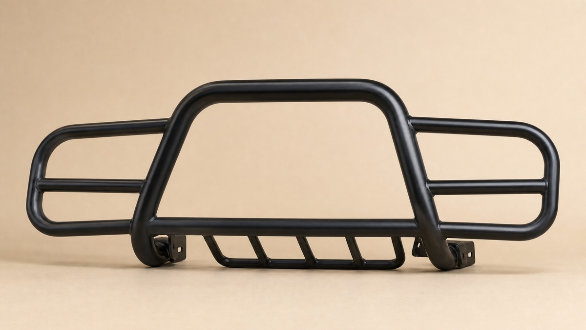 Black powder-coated steel bull bar with a centre hoop and two side wings