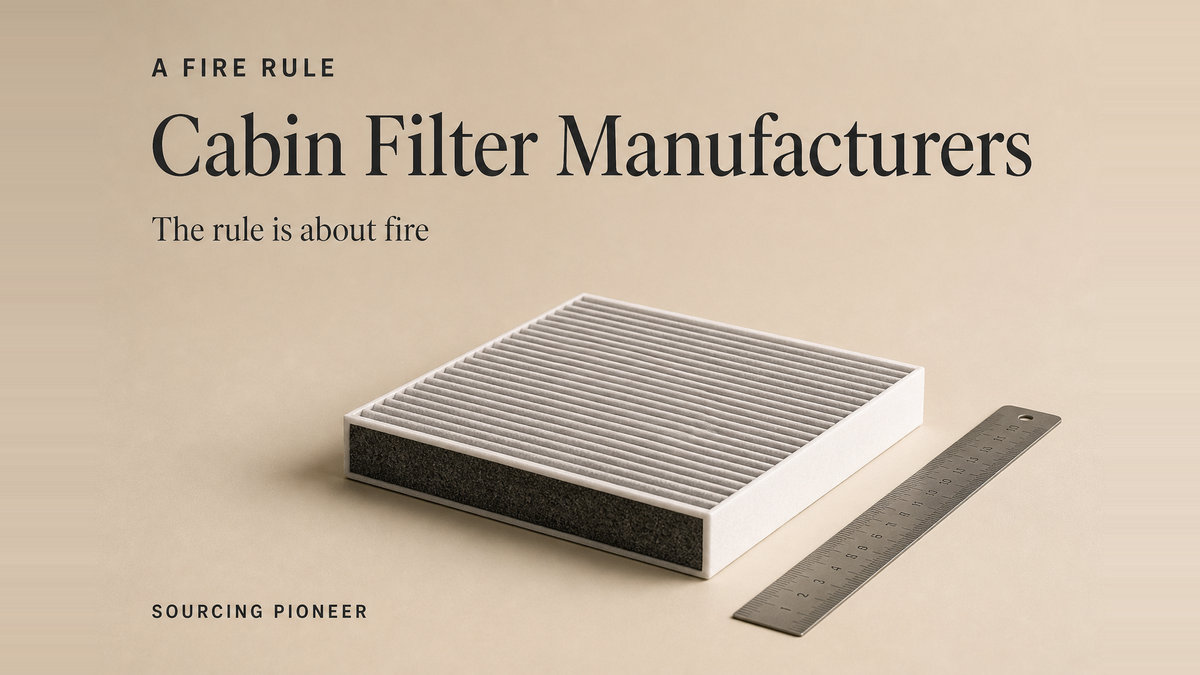 A plain unbranded rectangular cabin air filter with a pleated medium and a dark carbon layer, lying on a warm beige studio surface beside a plain steel rule