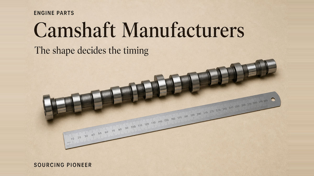 A plain unbranded camshaft lying flat showing its sequence of lobes and bearing journals, on a warm beige studio surface beside a plain steel rule