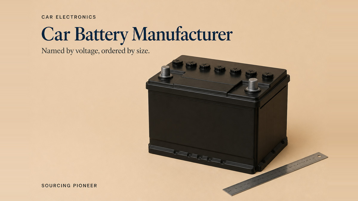 A plain unbranded lead-acid car battery on a warm beige studio surface showing its black plastic case, the two lead terminals and the filler caps on the lid, with a plain steel rule laid beside it and no brand marks of any kind