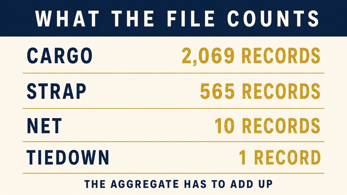 An infographic titled What the File Counts showing cargo at two thousand sixty nine records, strap at five hundred sixty five, net at ten records and tiedown at one record