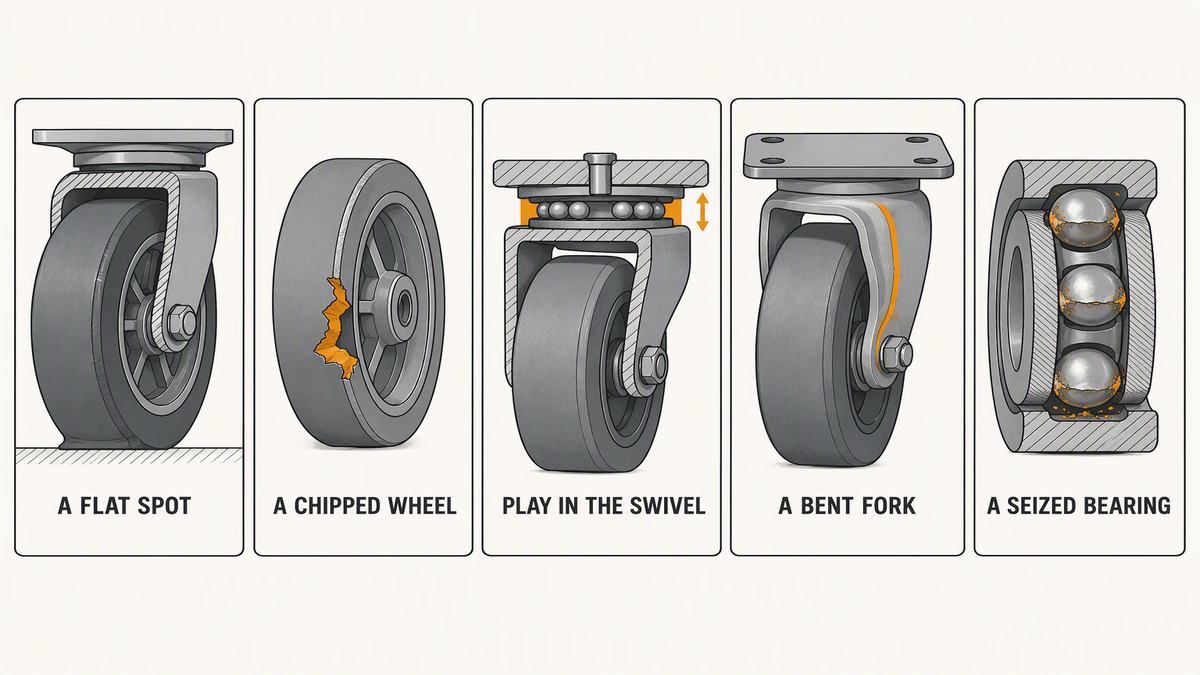 Five caster failure modes shown in section: a flat spot worn into a soft tyre, a chunk broken out of a hard wheel, play in a worn swivel raceway, a bent fork bracket and a seized bearing