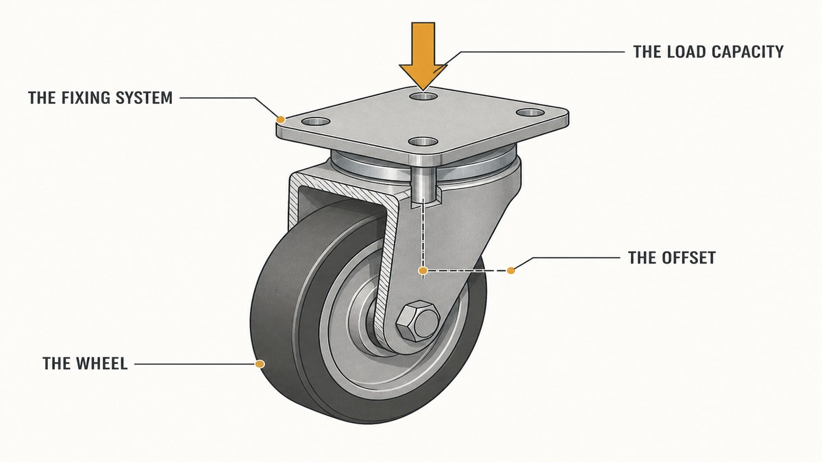An industrial caster broken out into its four characteristics: the fixing system with plate and bolt holes, the offset between the swivel axis and the wheel axle, the wheel, and the load capacity