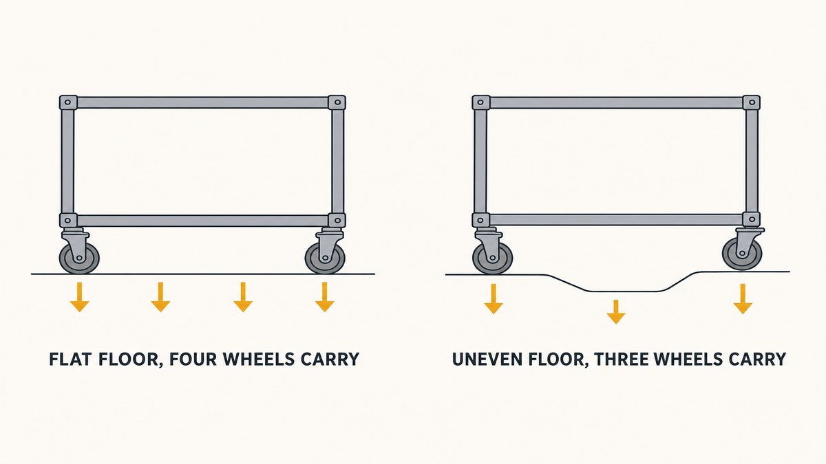 A four-wheel trolley drawn twice: with all four wheels on a flat floor, and on an uneven floor where one wheel carries nothing, showing the load divided by three rather than four