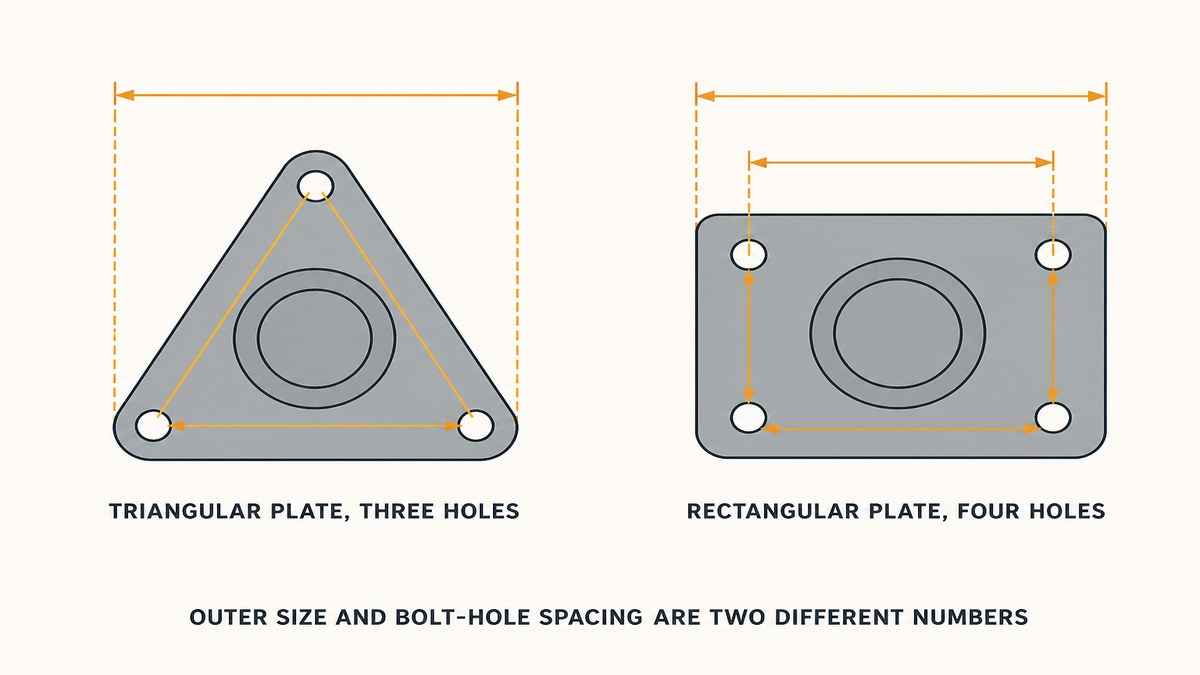Triangular and rectangular caster top plates drawn from above with bolt-hole spacing dimensioned, showing how the outer plate size and the bolt-hole spacing are two different numbers
