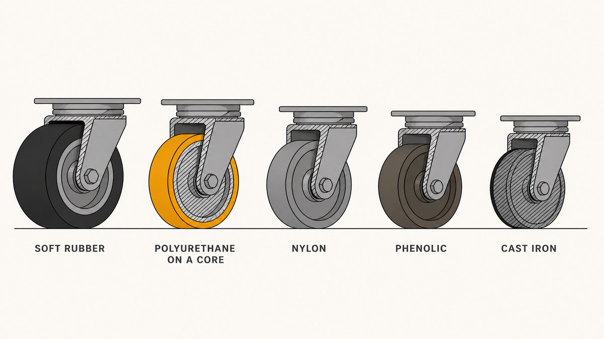 Five caster wheel materials compared in section: soft rubber, polyurethane on a metal core, nylon, phenolic and cast iron, showing the difference between a soft tyre and a hard solid wheel