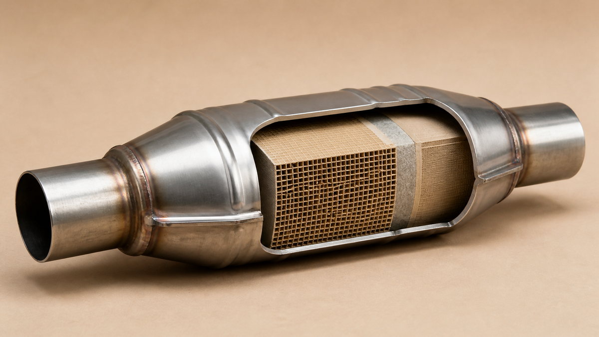 Ceramic honeycomb catalytic converter substrate inside its stainless steel can