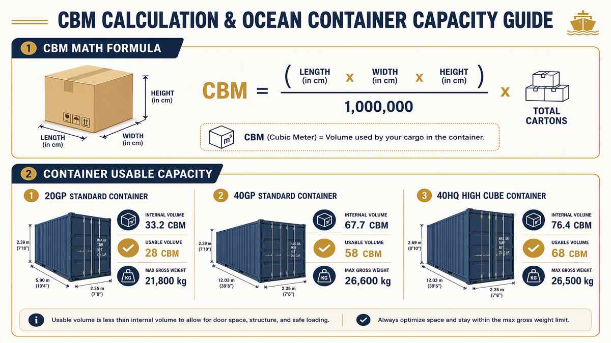 CBM Calculation Formula and Ocean Container Loading Capacity Guide Infographic