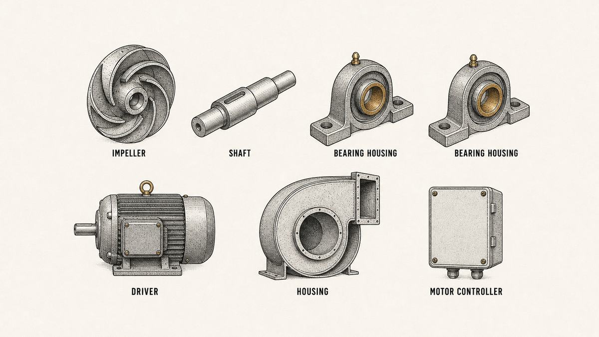 Seven machine parts drawn separately as a hand-drawn pen-and-ink engineering plate in two rows: a curved-bladed centrifugal impeller wheel, a stepped steel shaft with a keyway, two bearing housings with mounting feet, an electric motor in side elevation, a scroll-shaped sheet metal fan casing in section, and a small rectangular electrical control box, each with a label underneath