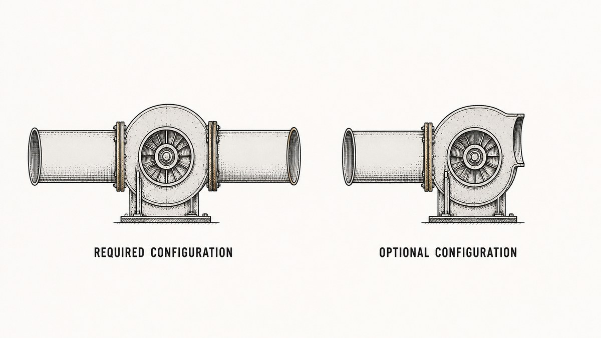 Two laboratory fan test arrangements side by side as a hand-drawn pen-and-ink engineering plate in section: a scroll-cased fan with a long straight duct fitted to both its inlet and its outlet so the fan sits between two ducts, and the same fan with a straight duct on one side only while the other side opens directly into free air with no duct attached, each with a label underneath