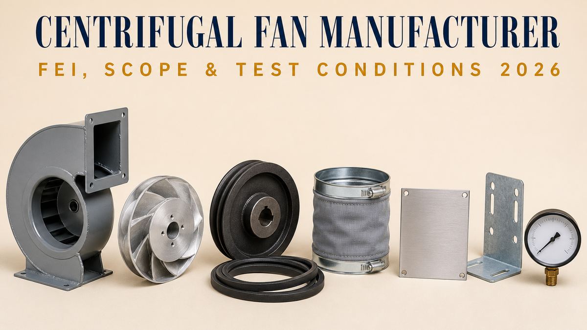 Centrifugal fan cover: a cut section of a painted grey steel centrifugal fan scroll housing with a rectangular outlet flange, a bare aluminium backward-curved centrifugal impeller lying flat, a cast-iron V-belt pulley with a coiled black rubber V-belt, a short length of grey fabric flexible duct connector with metal collar bands, a blank brushed stainless steel nameplate, a zinc-plated steel L-shaped motor mounting bracket, and a small round dial pressure gauge with a blank white face on a short brass pipe stub, on a pale beige studio surface