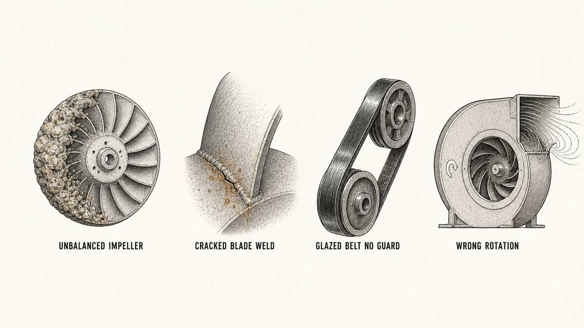 Four fan problems in a row as a hand-drawn pen-and-ink engineering plate: a bare centrifugal impeller seen face on with a thick uneven crust of dried material stuck to the blades over one sector only so the wheel is heavier on that side, a close-up of an impeller blade where it meets the back plate with a fine crack along the weld and pitted corrosion and rust staining, a belt drive with two pulleys and a belt gone hard shiny and glazed on its flanks with no belt guard so the drive is completely exposed, and a scroll fan casing with a cast rotation marking on its side plate with the impeller inside leaning the opposite way and airflow lines curling back around the cut-off inside the outlet
