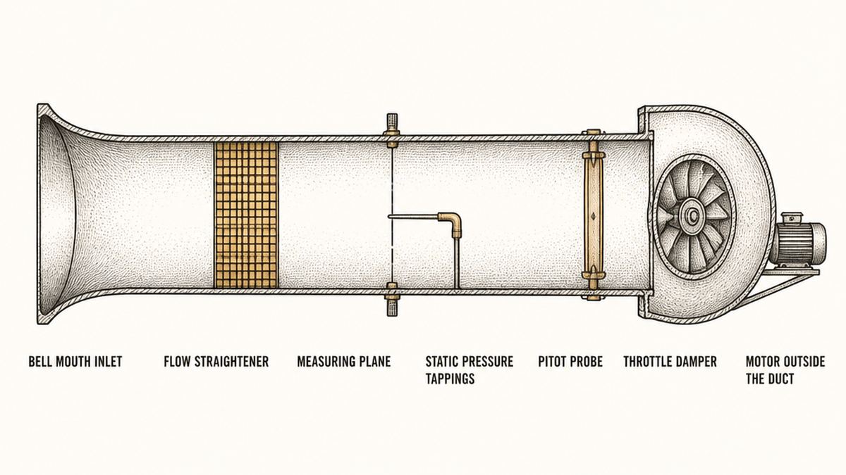 A laboratory fan test rig drawn as one long horizontal duct in section as a hand-drawn pen-and-ink engineering plate: a flared bell mouth inlet, a straight duct, a honeycomb flow straightener drawn as a fine grid, a measuring plane with two static pressure tappings and a slender pitot probe entering through the duct wall, a further straight duct, a throttle damper plate part way across the duct, and a scroll-cased fan at the right with its electric motor mounted outside the duct on a bracket on the casing wall, each item with a label underneath