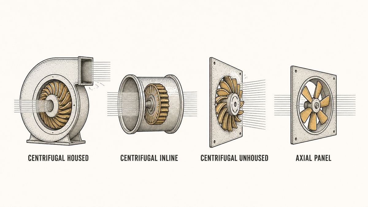 Four fan cross-sections in a row as a hand-drawn pen-and-ink engineering plate with airflow shown as bands of fine parallel lines: a centrifugal fan with a scroll housing and a single rectangular outlet, a centrifugal inline fan in a cylindrical housing with air entering and leaving axially, a centrifugal impeller mounted in a flat rectangular panel with no housing and discharging freely, and an axial impeller mounted in a square panel ring set through a wall, each with a label underneath