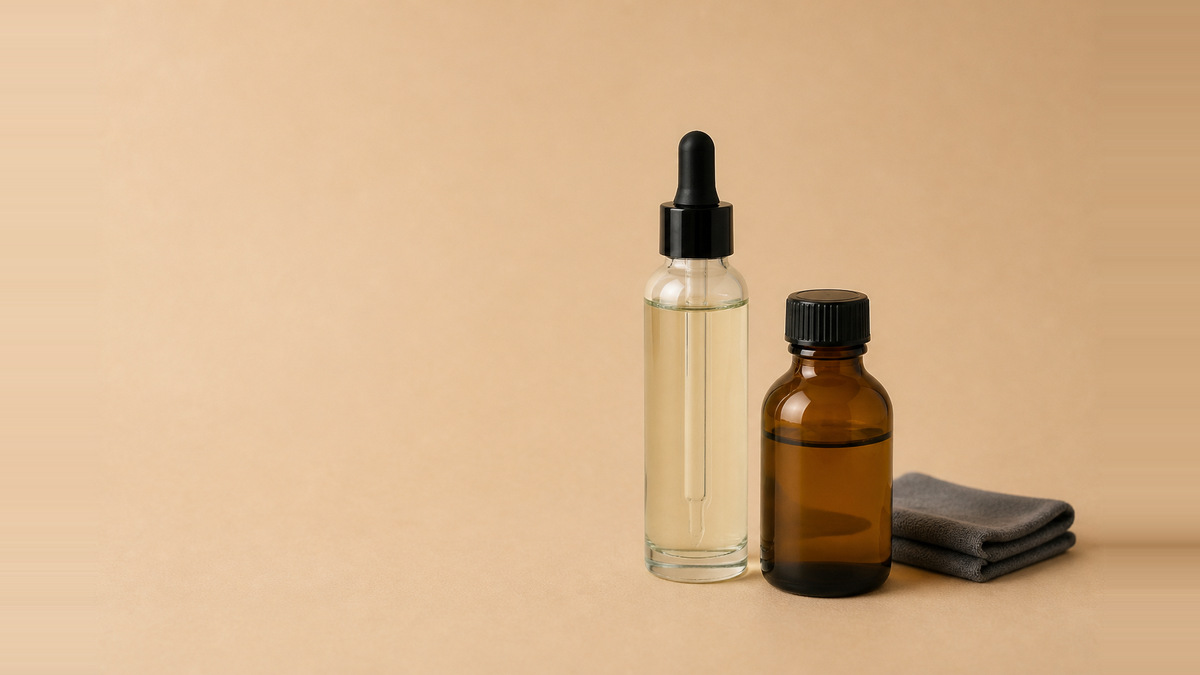 An unbranded tall cylindrical silver-grey dropper bottle and a short amber glass bottle standing on a warm beige studio surface beside a neatly folded plain dark microfibre cloth, no printing and no brand marks on any object