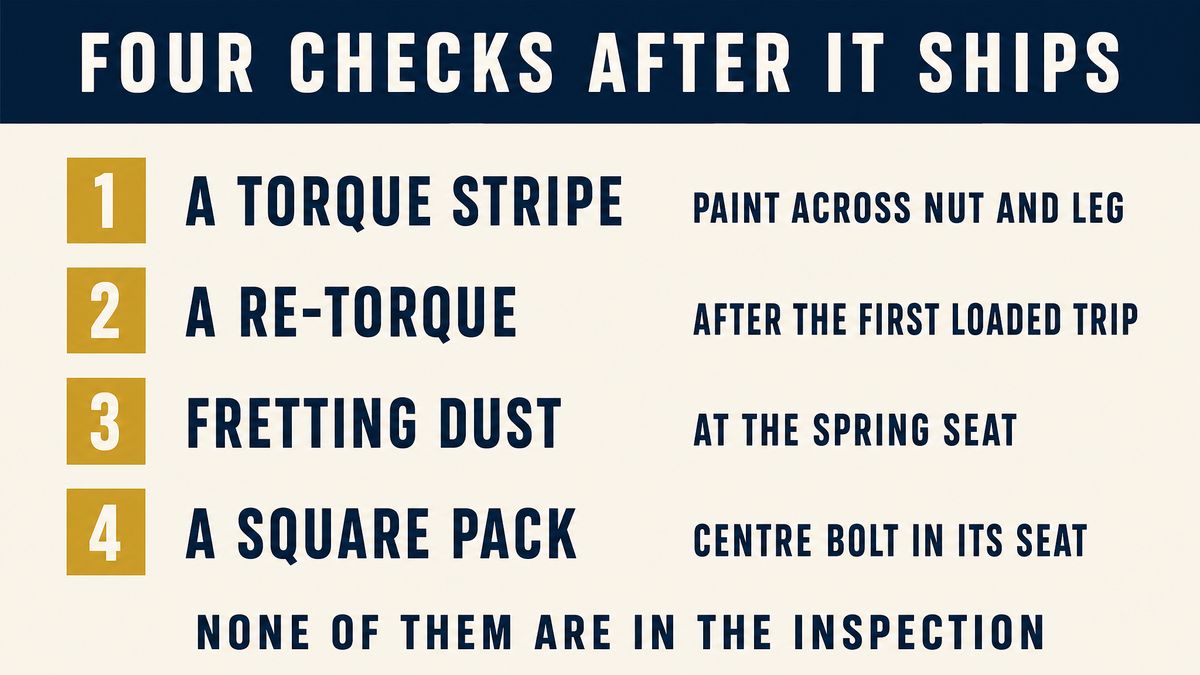 Four service checks on a U-bolt joint: a torque stripe across nut and leg, a re-torque after the first loaded trip, fretting dust at the spring seat, and a pack square to the axle