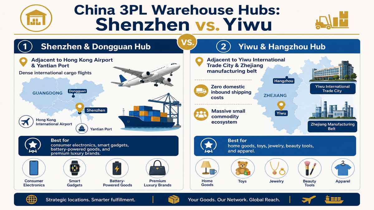 China 3PL Warehouse Hubs Shenzhen vs Yiwu Comparison Infographic