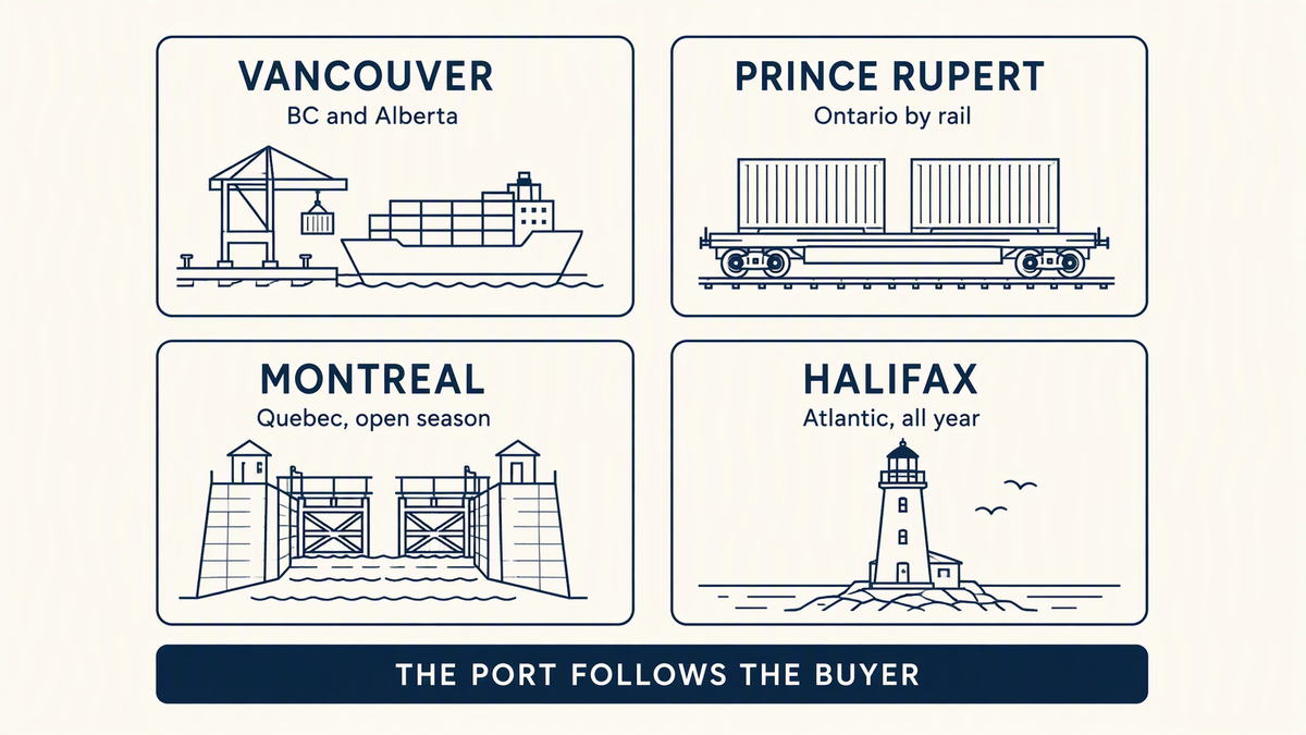 Flat vector map diagram comparing four Canadian ports and their inland rail or truck connections