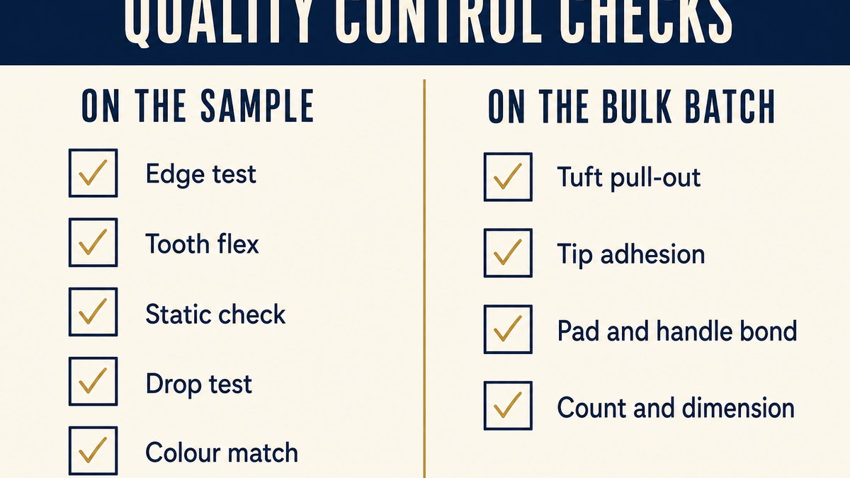 Quality control checklist for hair combs and brushes: edge test, tooth flex, tip adhesion and tuft pull-out