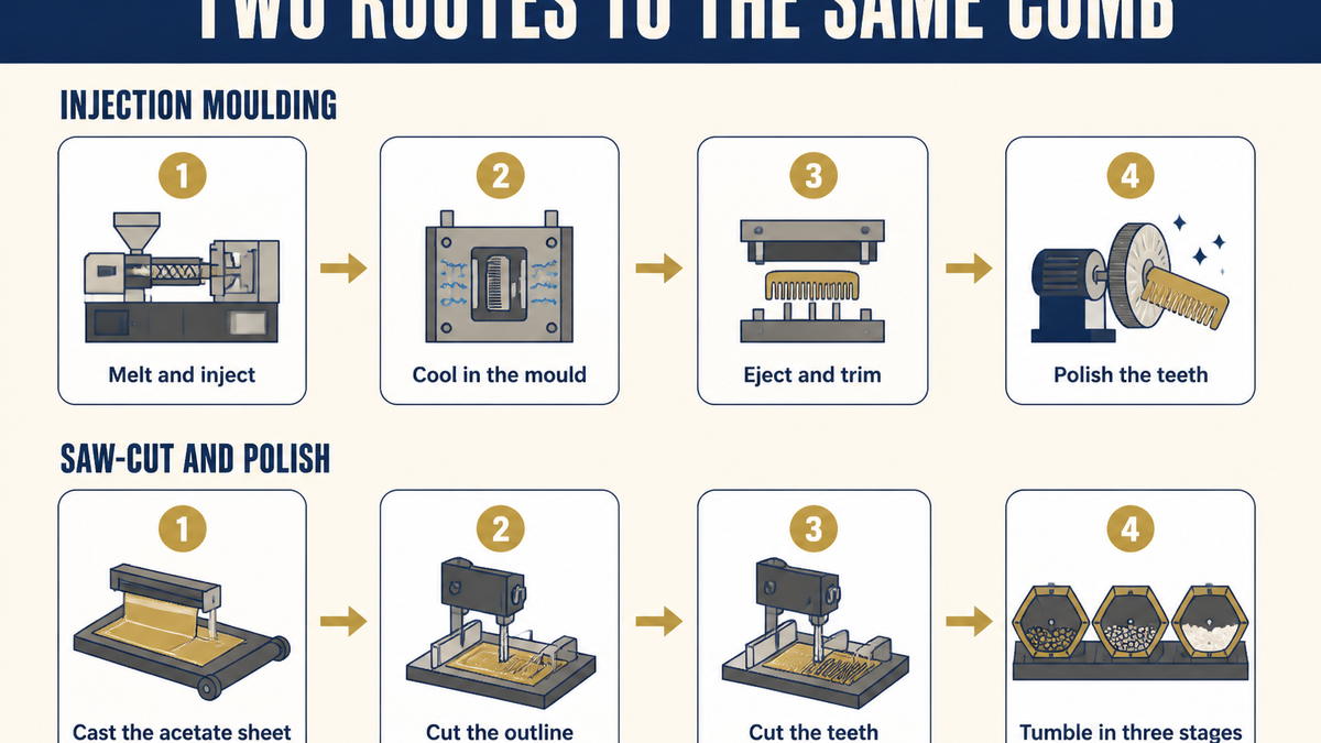 Comb manufacturing routes compared: injection moulding versus saw-cut and tumble polishing