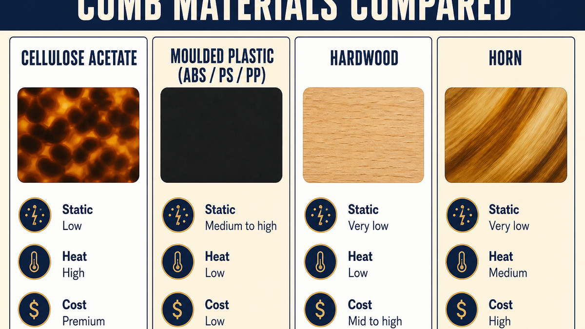 Comparison of comb materials: cellulose acetate, ABS, polystyrene, hardwood, horn and stainless steel