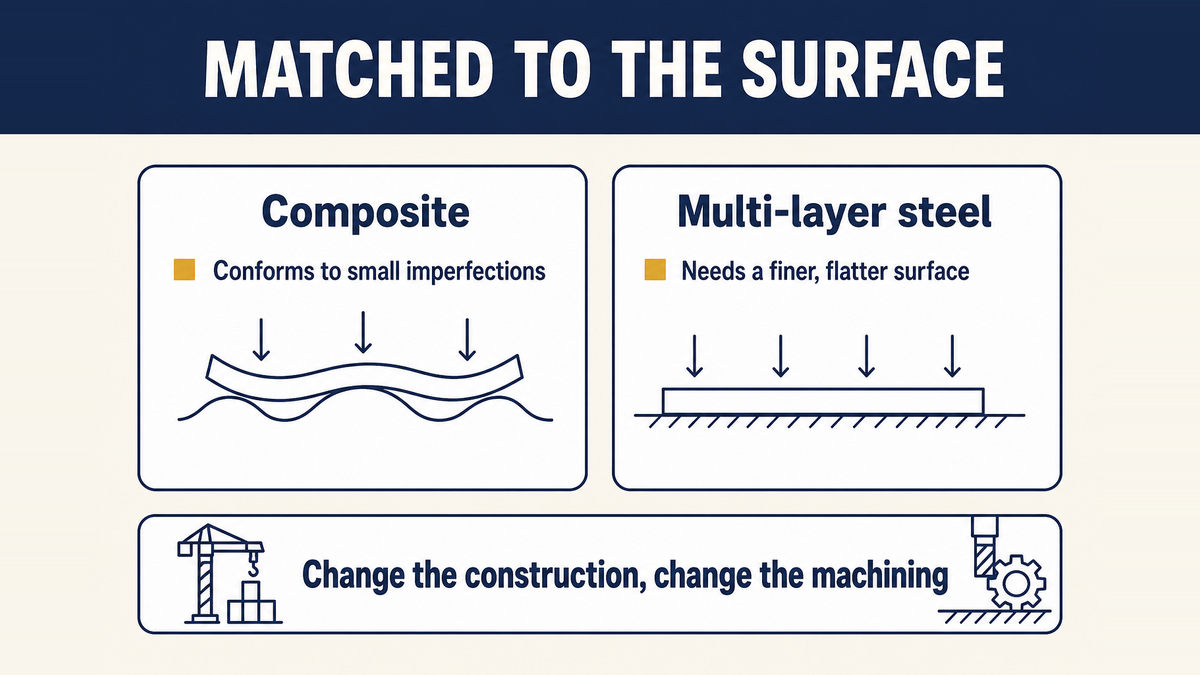 A composite gasket conforms to small surface imperfections while a multi-layer steel gasket needs a finer, flatter surface, so the gasket and the head surface are a matched pair