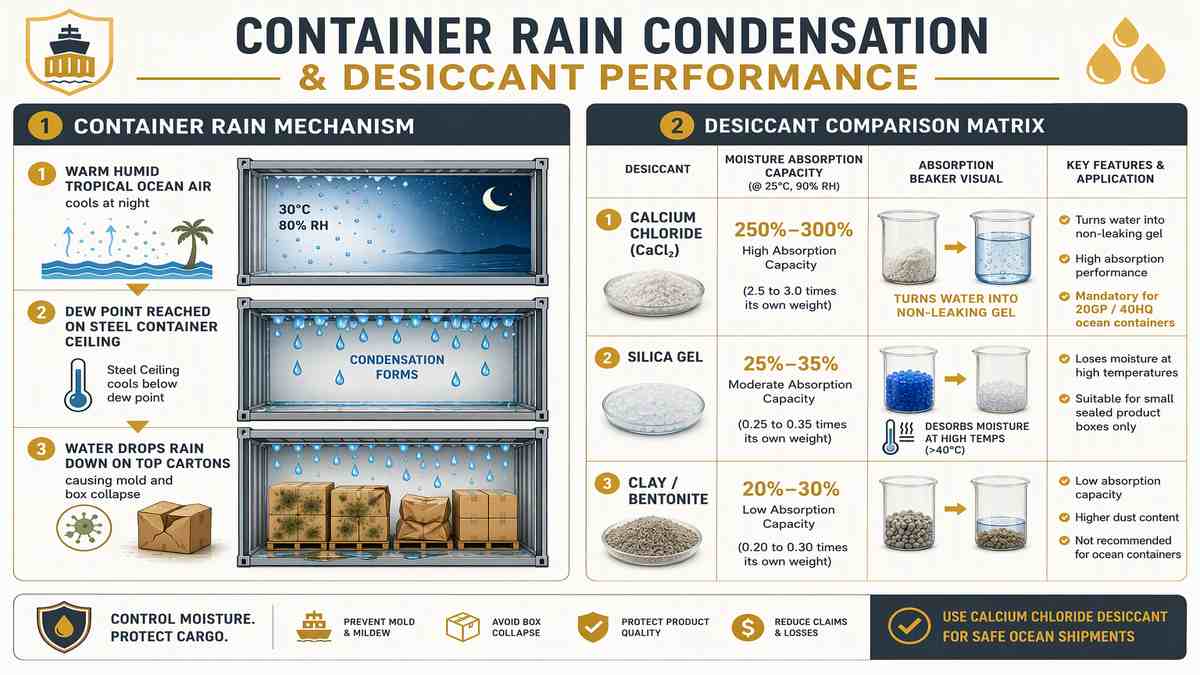 Container Rain Condensation and Desiccant Performance Infographic