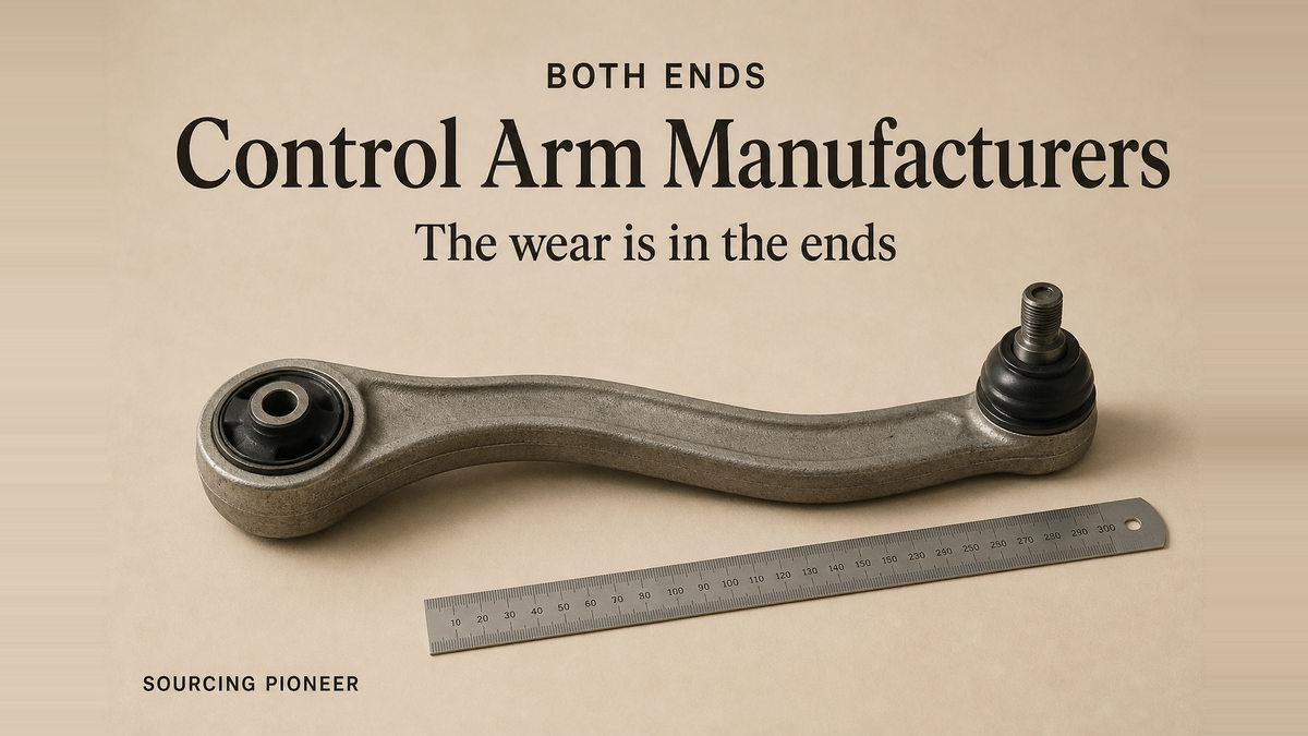 A plain unbranded steel control arm with a rubber bushing at one end and a ball joint at the other, on a warm beige studio surface