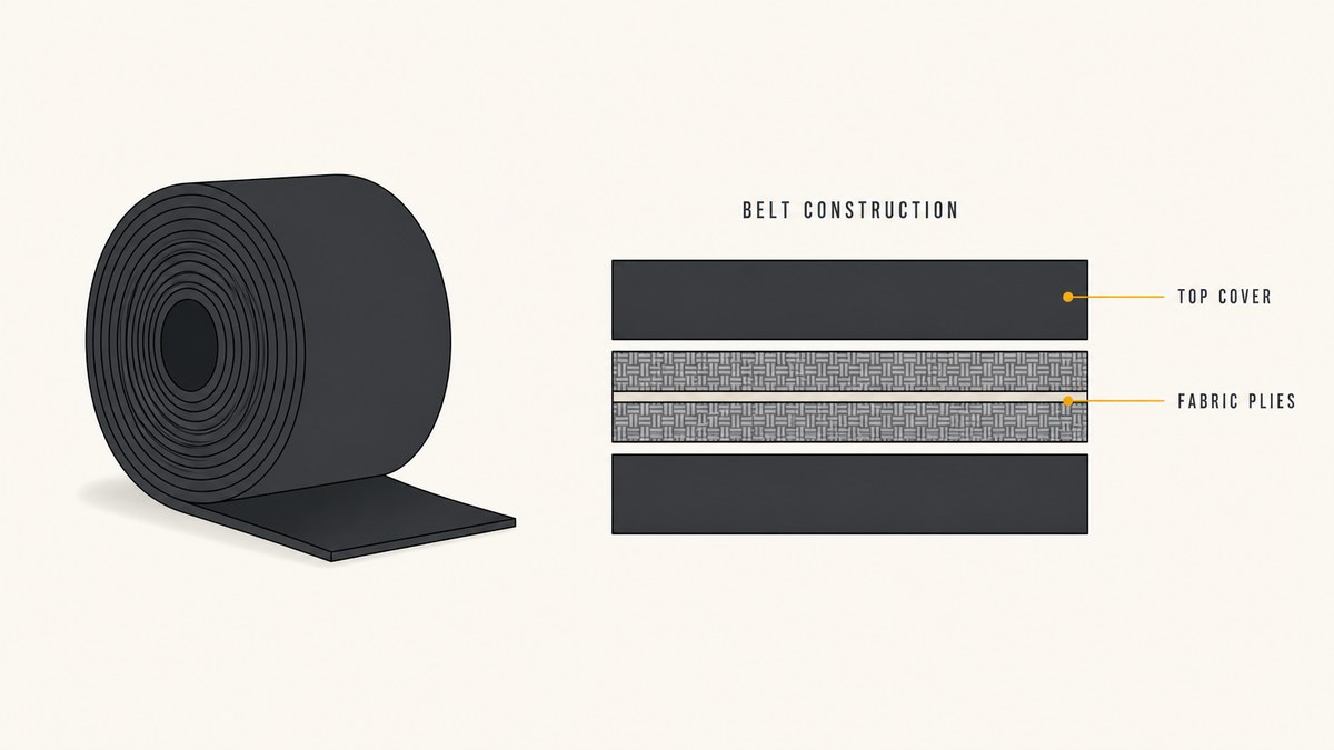Conveyor belt construction: a coiled belt roll beside a cut-away cross-section showing the top cover, the fabric plies and the bottom cover